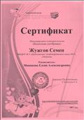 Сертификат Международного конкурса поделок "Валентинка для Иринки". Участник - Жужгов Семён. Руководитель: Манакова Елена Александровна